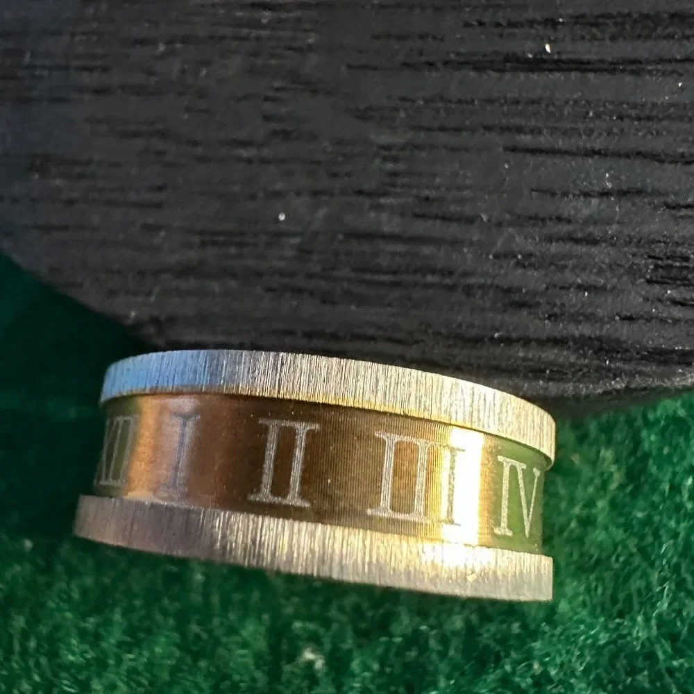 Stainless Steel Band Ring Size 10 Etched Roman Numerals Pattern Unisex Jewelry